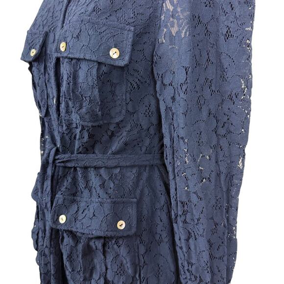 Marla Wynne Collection Navy Lace Sheer Sleeves Belted Button Up Top Blouse sz S - Picture 9 of 16